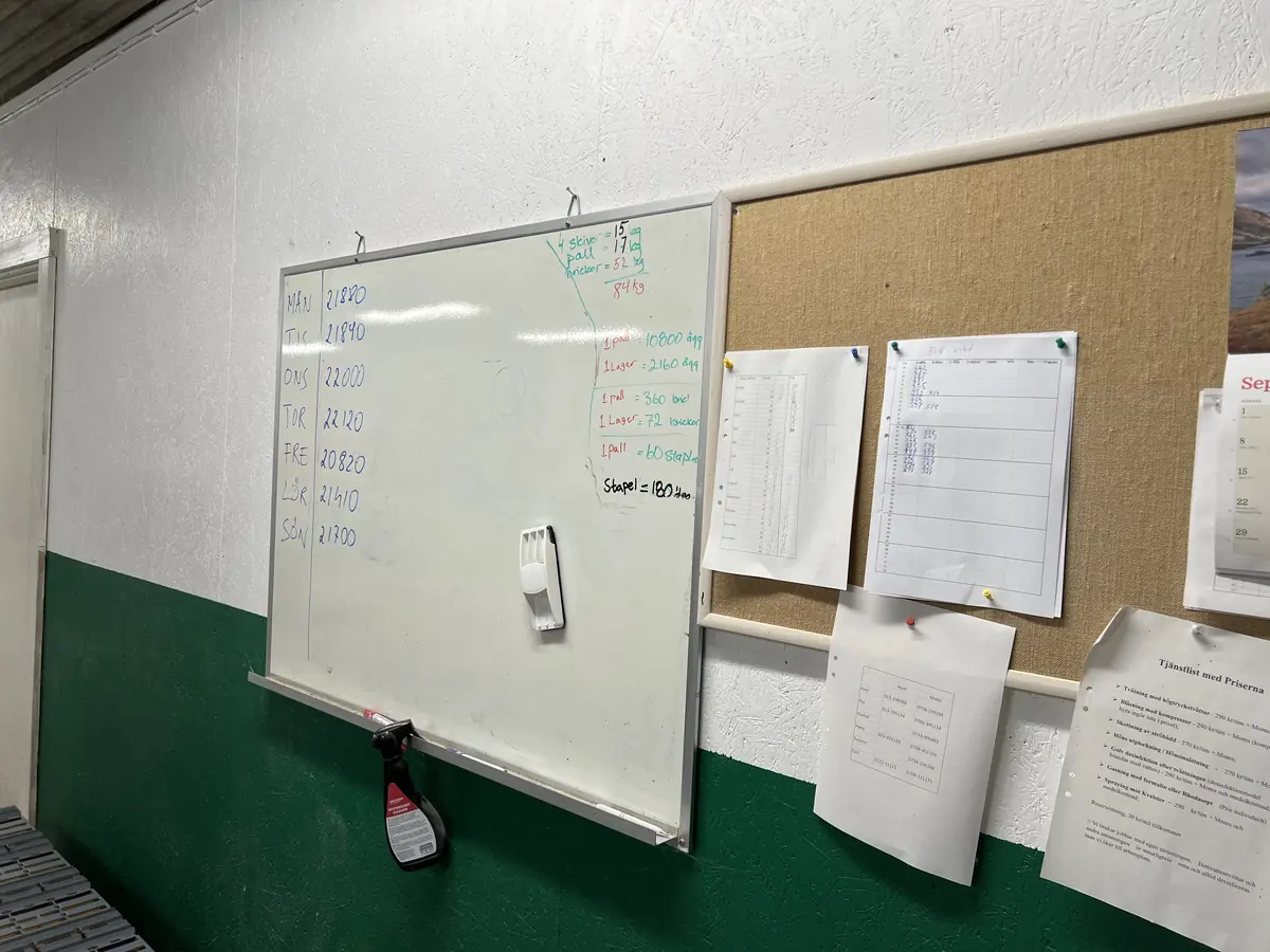 Whiteboard i stallet med veckans äggantal skrivna för hand