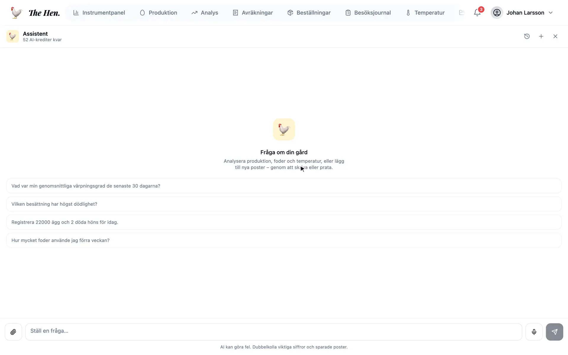 AI-assistenten i The Hen svarer på et spørgsmål om lægningen